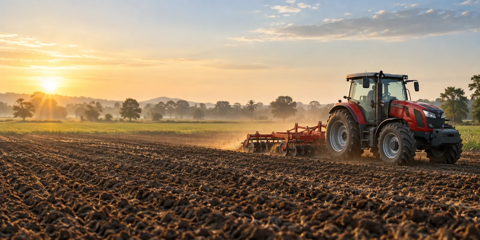 Illustration of farm machinery working in a field at sunrise